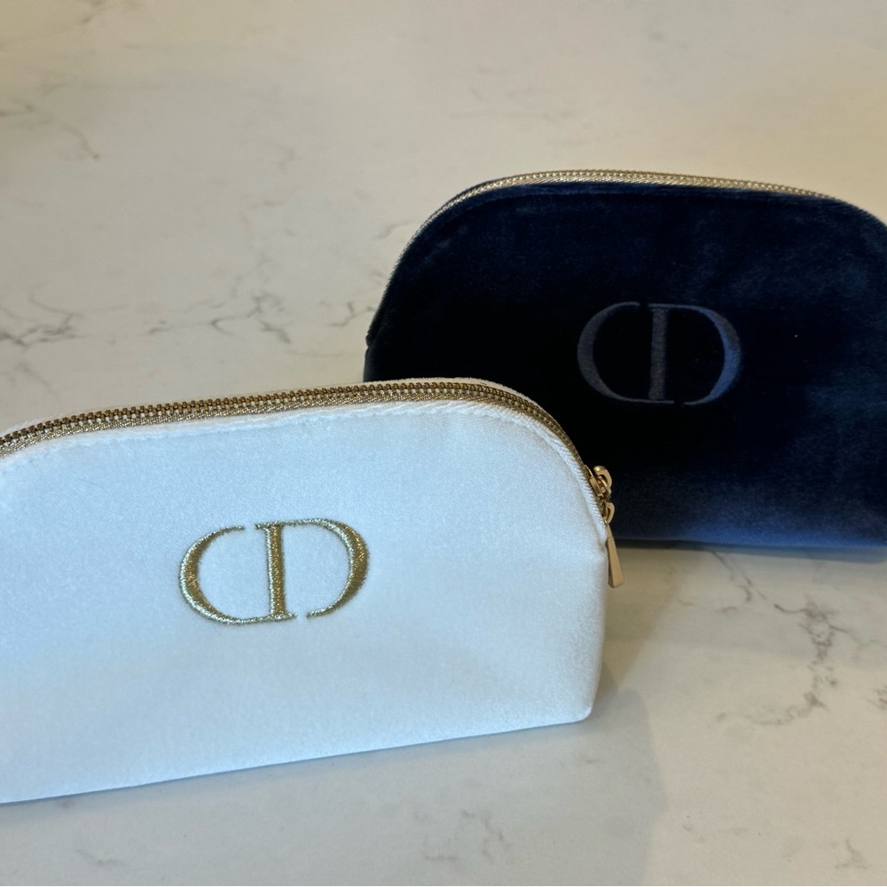 Christian Dior White and Navy Velvet Cosmetic Bag Makeup Pouches